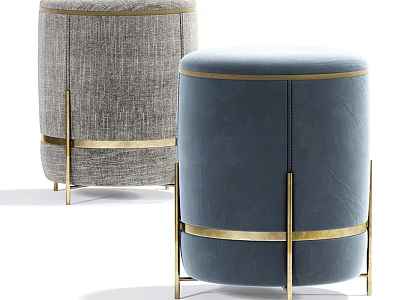 Modern Gray And Blue Upholstered Ottoman With Gold Metal Frame And Accent Trim 3d model