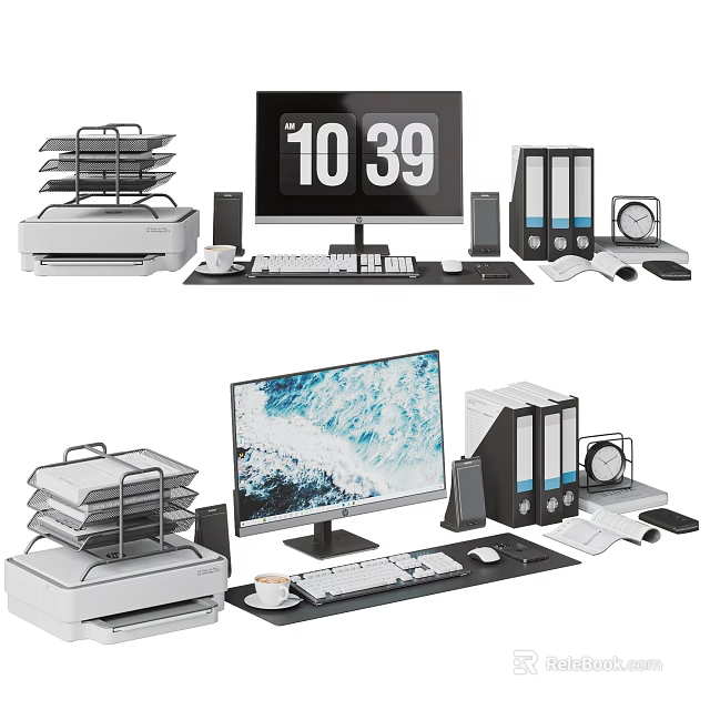 Complete Desktop Computer Office Setup With Monitor Keyboard Mouse Printer File Folders And Clock 3d model 