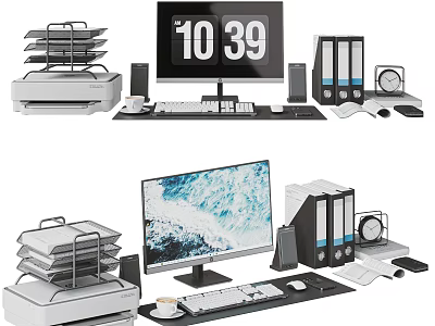 Complete Desktop Computer Office Setup With Monitor Keyboard Mouse Printer File Folders And Clock 3d model