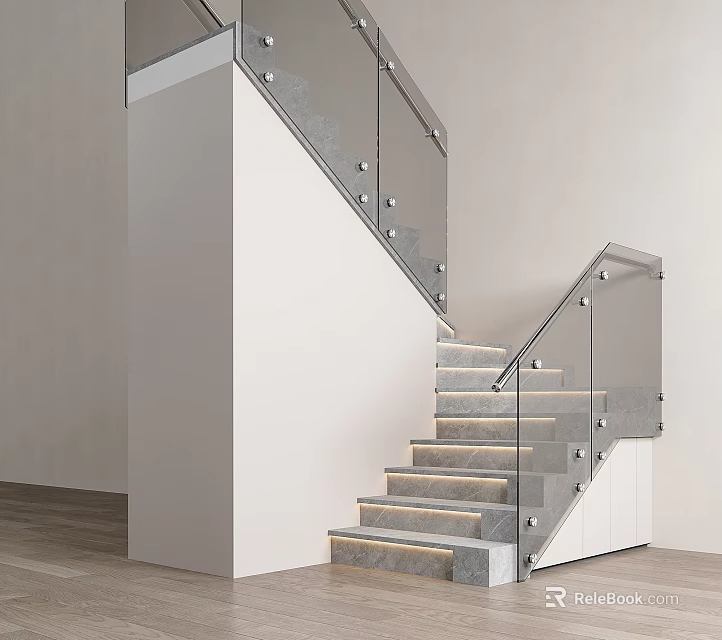 Modern Staircase With Glass Railing Marble Steps And LED Strip Lighting 3d model 