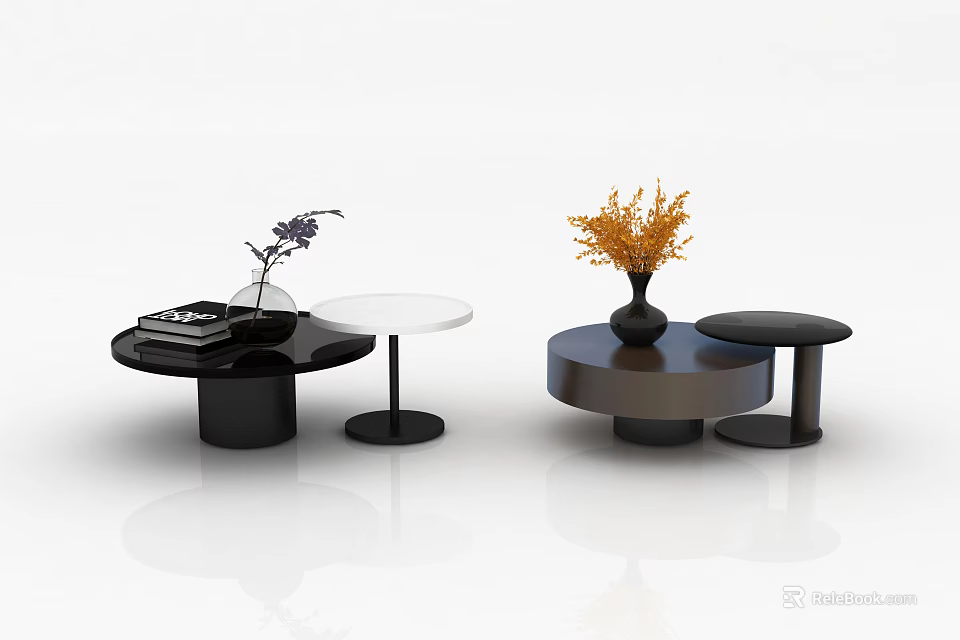 Modern Coffee Table Collection With Round Shape Vase And Decorative Flowers 3d model