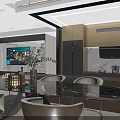 Modern Living Dining Room Interior With Curved Sofa Wooden Cabinets And Ambient Lighting