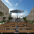 Cozy Rooftop Garden With Wooden Deck Pebble Pathway Loungers Umbrella And Greenery