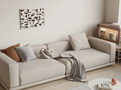 Modern Elegant Beige Two-Seater Sofa With Pillows Blanket Decorative Painting And Side Cabinet 3d model