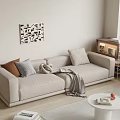Modern Elegant Beige Two-Seater Sofa With Pillows Blanket Decorative Painting And Side Cabinet