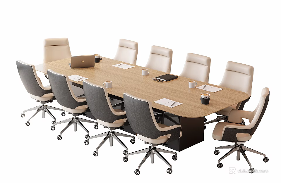 Modern Wood Top Conference Table With Wheeled Ergonomic Office Chairs Notebooks Cups And Documents 3d model 