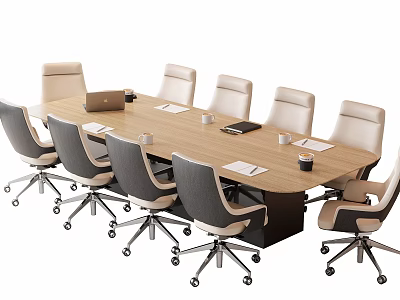 Modern Wood Top Conference Table With Wheeled Ergonomic Office Chairs Notebooks Cups And Documents 3d model