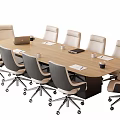 Modern Wood Top Conference Table With Wheeled Ergonomic Office Chairs Notebooks Cups And Documents