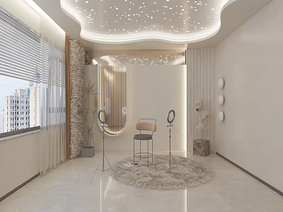 Modern Minimalist Studio Interior With Starry Ceiling Lights Round Rug And Mirror Stands 3d model