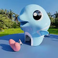 Colorful Whale Shaped Playground Equipment With Pink Slide Green Lawn And Palm Trees