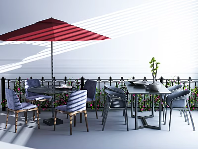 Outdoor Table With Red Umbrella Chairs Balcony Railing And Flowers Under Sunlight 3d model
