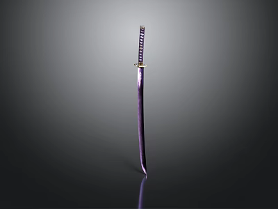 Purple Samurai Sword With Golden Hilt On Dark Background With Reflection 3d model