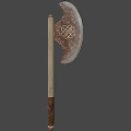 Traditional Handcrafted Axe Featuring Decorative Metal Head and Wooden Handle in Forest Wooden Pathway