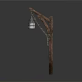 Two Rustic Wooden Architectural Structures With Chains And Hanging Lantern