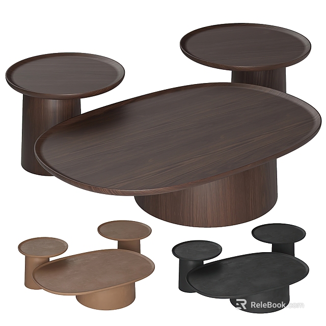 Modern Wooden Coffee Tables Set With Oval And Round Tops In Dark Brown Black 3d model 
