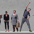 Group of People With Various Poses Standing Against Concrete Wall Holding Documents And Shopping Bag