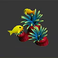 Yellow Fish Swimming Among Red Coral And Blue Green Anemone Like Structures