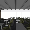 Spacious Modern Conference Room Interior With Long Tables Green Chairs And Ceiling Lights 3d model