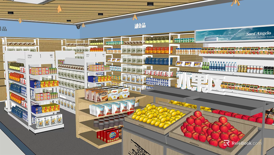 Supermarket Grocery Store Interior With Shelves Fruits And Various Products 3d model 