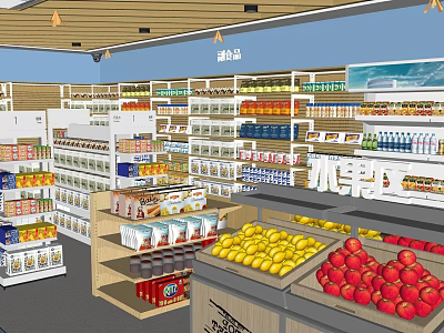 Supermarket Grocery Store Interior With Shelves Fruits And Various Products 3d model