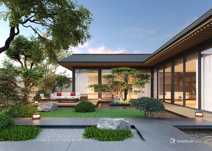 Traditional Modern Courtyard Garden Design With Trees Shrubs Water Feature And Outdoor Sofa 3d model 