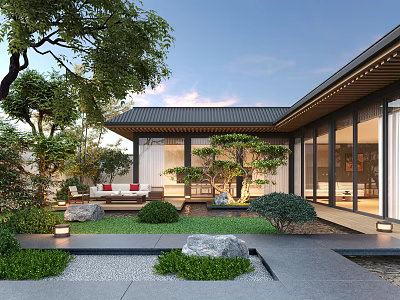 Traditional Modern Courtyard Garden Design With Trees Shrubs Water Feature And Outdoor Sofa 3d model