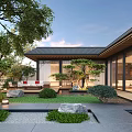 Traditional Modern Courtyard Garden Design With Trees Shrubs Water Feature And Outdoor Sofa