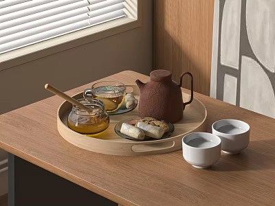 Minimalist Ceramic Tea Set With Wooden Tray Teapot And White Teacups On Table 3d model