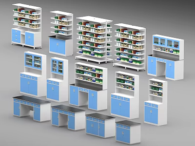 Blue And White Storage Cabinets With Multiple Shelves For Organizing Items 3d model