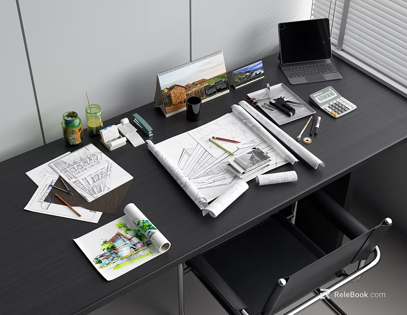 Designer Desk Workspace With Blueprints Laptop Calculator Pencils Ruler And Documents 3d model 