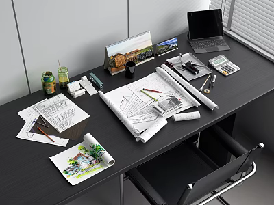 Designer Desk Workspace With Blueprints Laptop Calculator Pencils Ruler And Documents 3d model