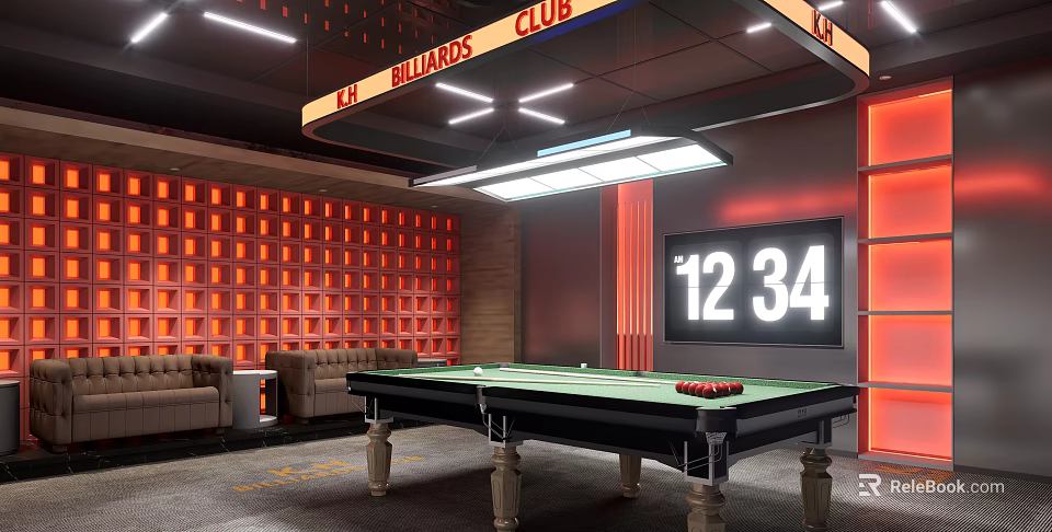 Modern Billiards Club Interior With Green Pool Table Orange Grid Wall Sofa And Large Screen 3d model