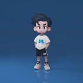 Man with black hair wearing white WE t-shirt black shorts white sneakers in blue background