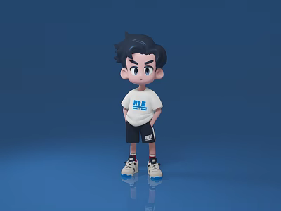 Man with black hair wearing white WE t-shirt black shorts white sneakers in blue background 3d model