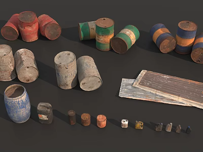 Household Supplies With Various Colors Different Sizes Painted Barrels Rustic Buckets And Wooden Planks 3d model