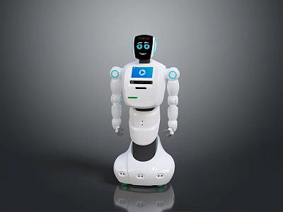 White And Blue Humanoid Robot Game Movie Character Featuring Digital Screen Face And Interactive 3d model