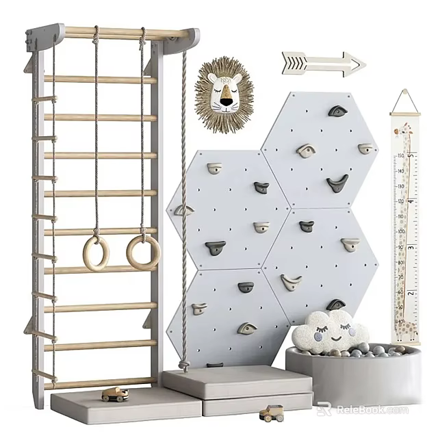 Kids Indoor Play Equipment Featuring Climbing Frame Gym Rings And Rock Climbing Wall Sections 3d model 