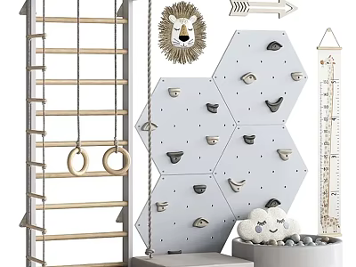 Kids Indoor Play Equipment Featuring Climbing Frame Gym Rings And Rock Climbing Wall Sections 3d model