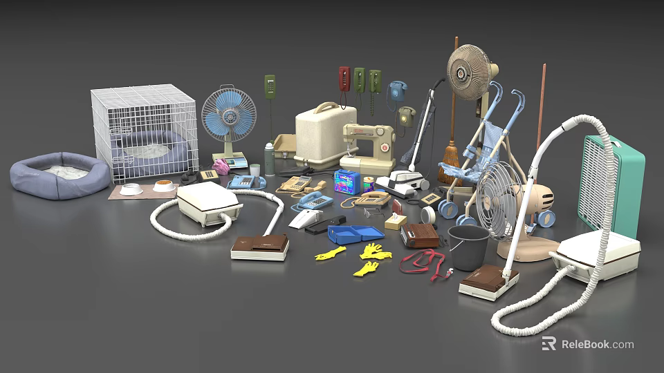 Various Daily Use Electrical Appliances Including Fans Irons Vacuum Cleaners Hair Dryers And Sewing Machines 3d model 