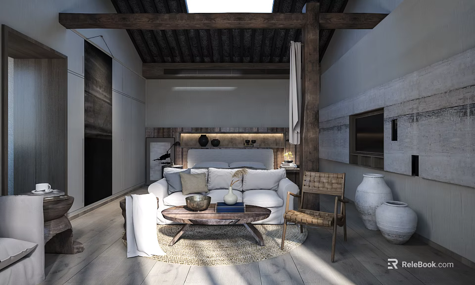 Hotel Guest Room With Minimalist Style Wooden Beams Skylight Sofa And Clay Vases 3d model 