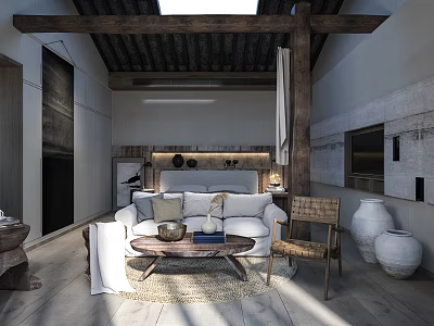 Hotel Guest Room With Minimalist Style Wooden Beams Skylight Sofa And Clay Vases 3d model