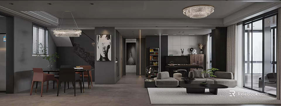 Modern Living Dining Room Interior With Sofa Dining Table Chandelier And Artwork 3d model 