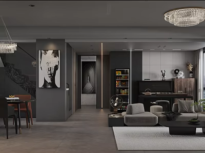 Modern Living Dining Room Interior With Sofa Dining Table Chandelier And Artwork 3d model