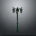 Vintage Green Street Lamp with Decorative Ornate Pole and Three Classic Lamp Shades