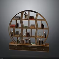 Indoor Scene Featuring Circular Wooden Bookshelf With Books Decorations And Drawers
