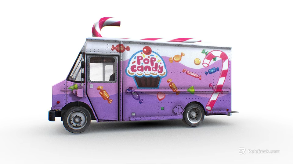 Purple Candy Truck With POP CANDY Branding Colorful Candy Graphics And Candy Cane Decorations 3d model 