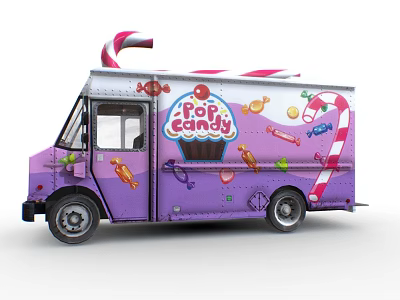 Purple Candy Truck With POP CANDY Branding Colorful Candy Graphics And Candy Cane Decorations 3d model