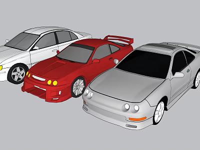 Three Stylish Sports Cars In White Red And Silver Colors 3d model
