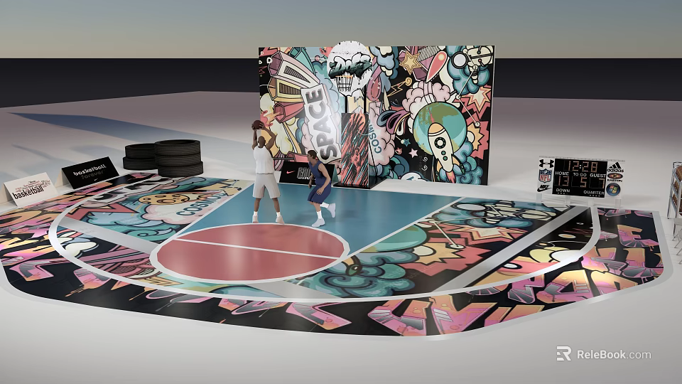 Colorful Graffiti Basketball Court With Artistic Floor Design And Players Playing 3d model 