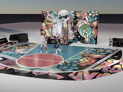 Colorful Graffiti Basketball Court With Artistic Floor Design And Players Playing 3d model
